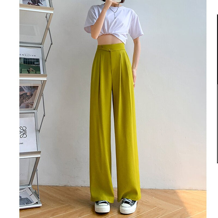 Damen Hose | Hohe Taille | Einfarbig | Lockere Schnitt | Knöpfen-Gelb-S-Luzern Mode