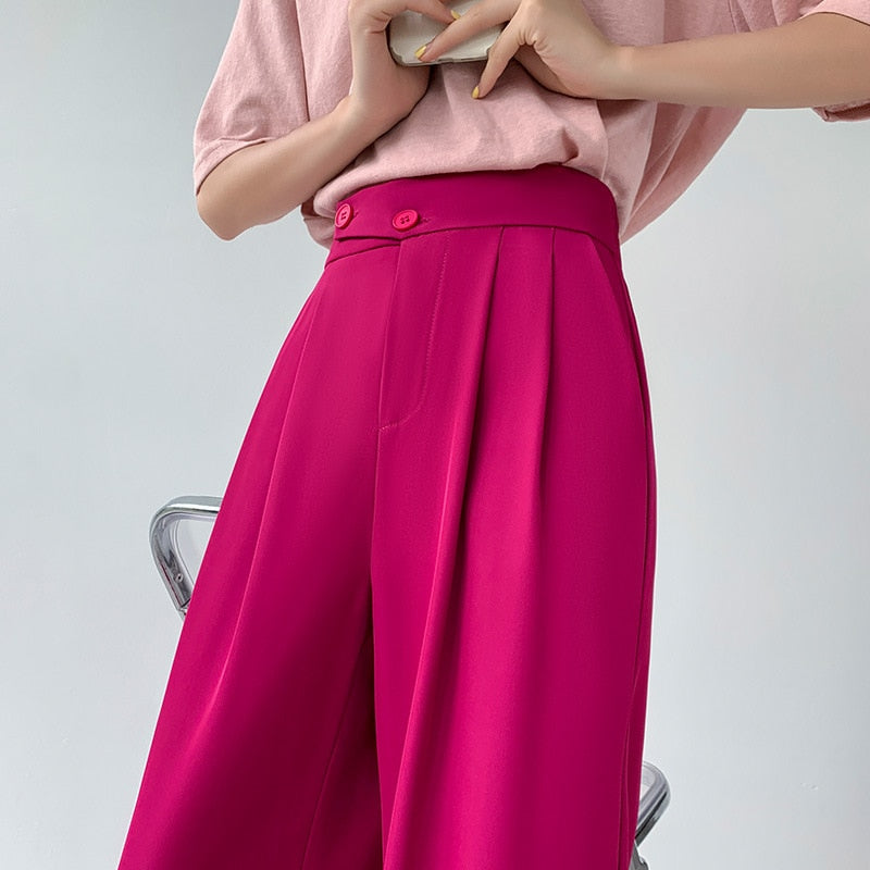 Damen Hose | Hohe Taille | Einfarbig | Lockere Schnitt | Knöpfen-Luzern Mode