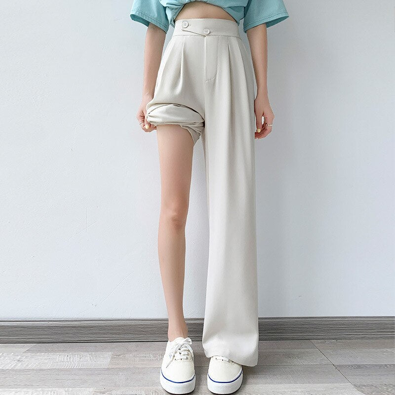 Damen Hose | Hohe Taille | Einfarbig | Lockere Schnitt | Knöpfen-Luzern Mode