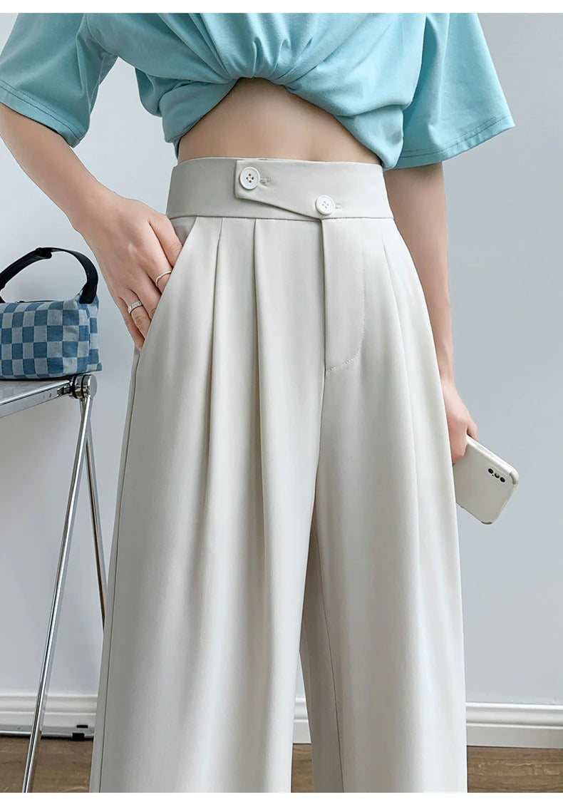 Damen Hose | Hohe Taille | Einfarbig | Lockere Schnitt | Knöpfen-Luzern Mode