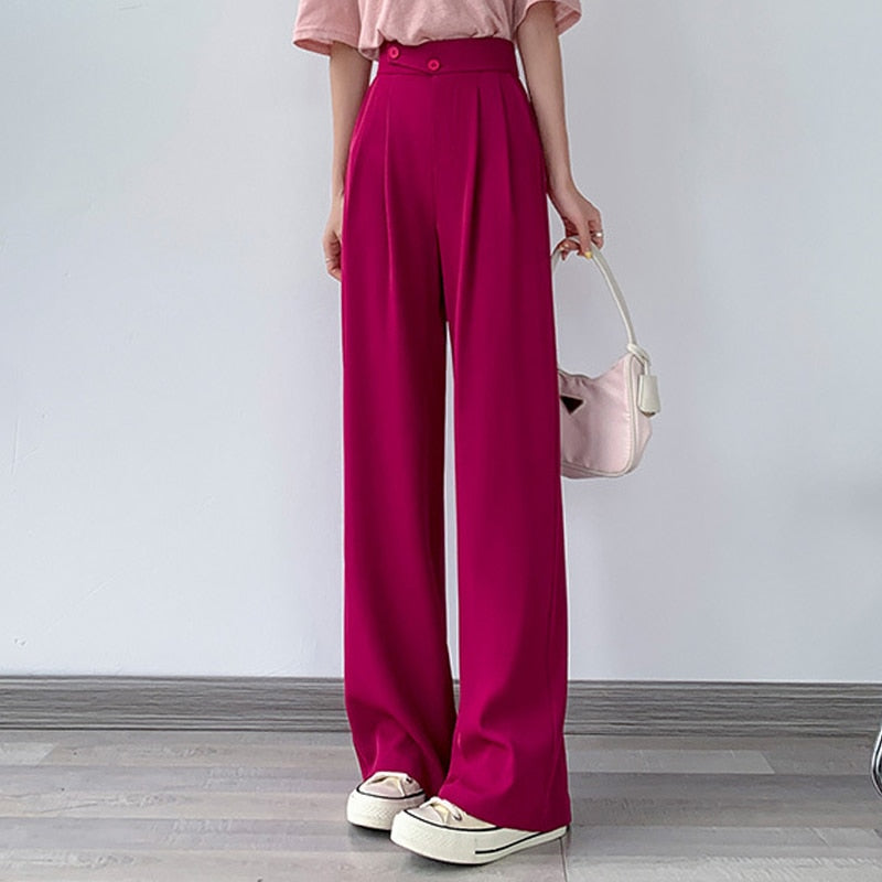 Damen Hose | Hohe Taille | Einfarbig | Lockere Schnitt | Knöpfen-Rosa-S-Luzern Mode