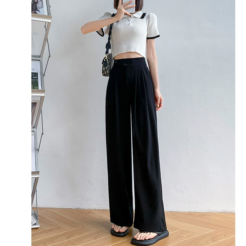 Damen Hose | Hohe Taille | Einfarbig | Lockere Schnitt | Knöpfen-Schwarz-S-Luzern Mode
