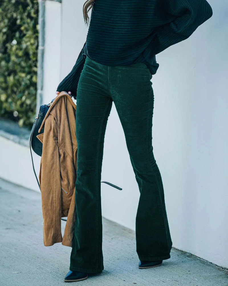 Lange Damenhose | Hohe Taille | Ausgestellt | Bunt | Einfarbig | Stretch-Dunkelgrün-S-Luzern Mode