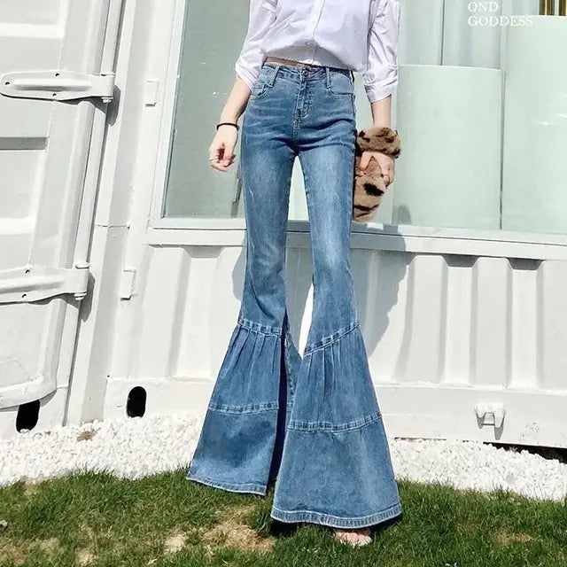 Damen Schlaghose High Waist Jeans Vintage Look-Blau-26-Luzern Mode