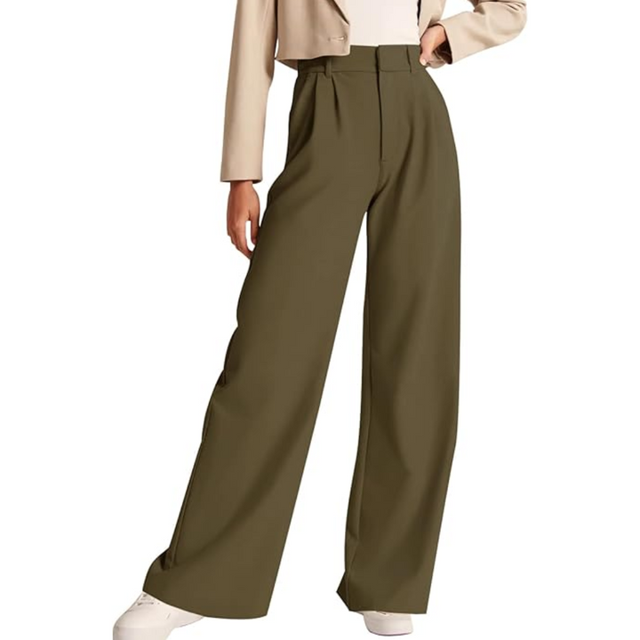 Weite Damenhose mit hohem Bund für eleganten Look-Olivgrün-S Kort-Luzern Mode