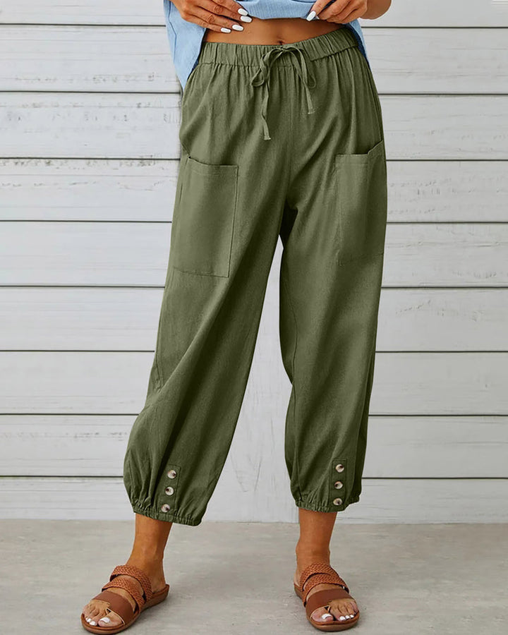 Damenhose | Hoch Tailliert | Locker | Einfarbig | Baumwolle | Leicht-Armeegrün-S-Luzern Mode