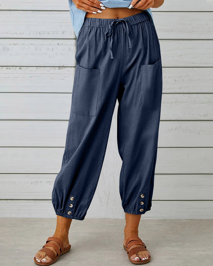 Damenhose | Hoch Tailliert | Locker | Einfarbig | Baumwolle | Leicht-Dunkelblau-S-Luzern Mode