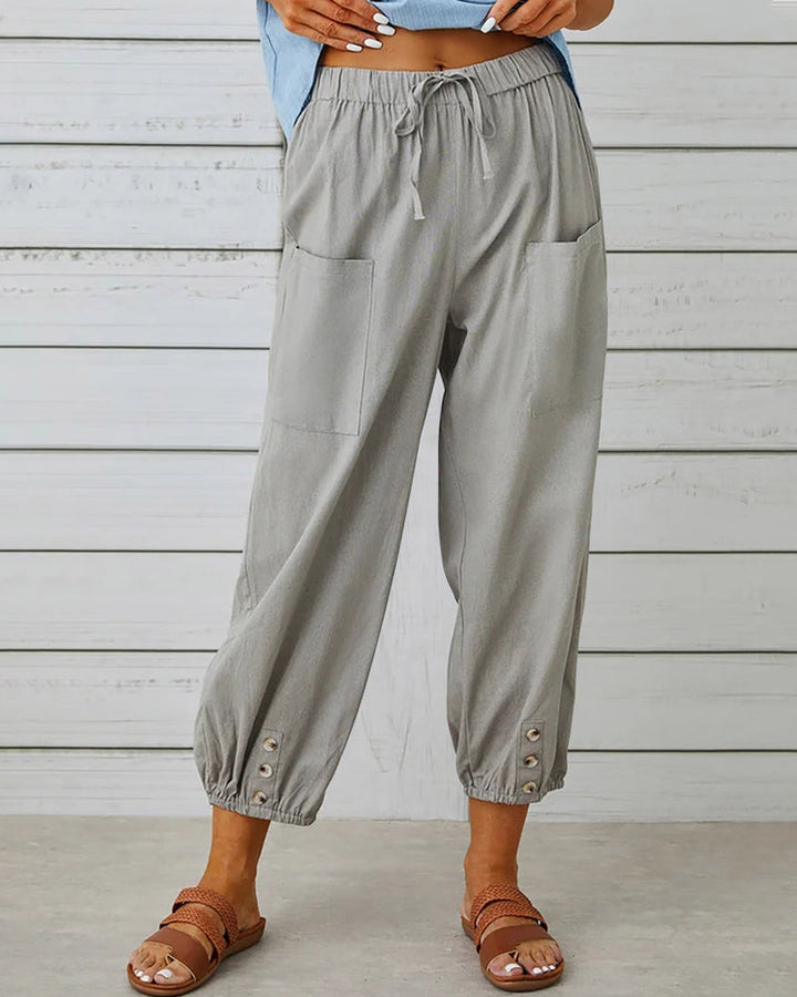 Damenhose | Hoch Tailliert | Locker | Einfarbig | Baumwolle | Leicht-Grau-S-Luzern Mode