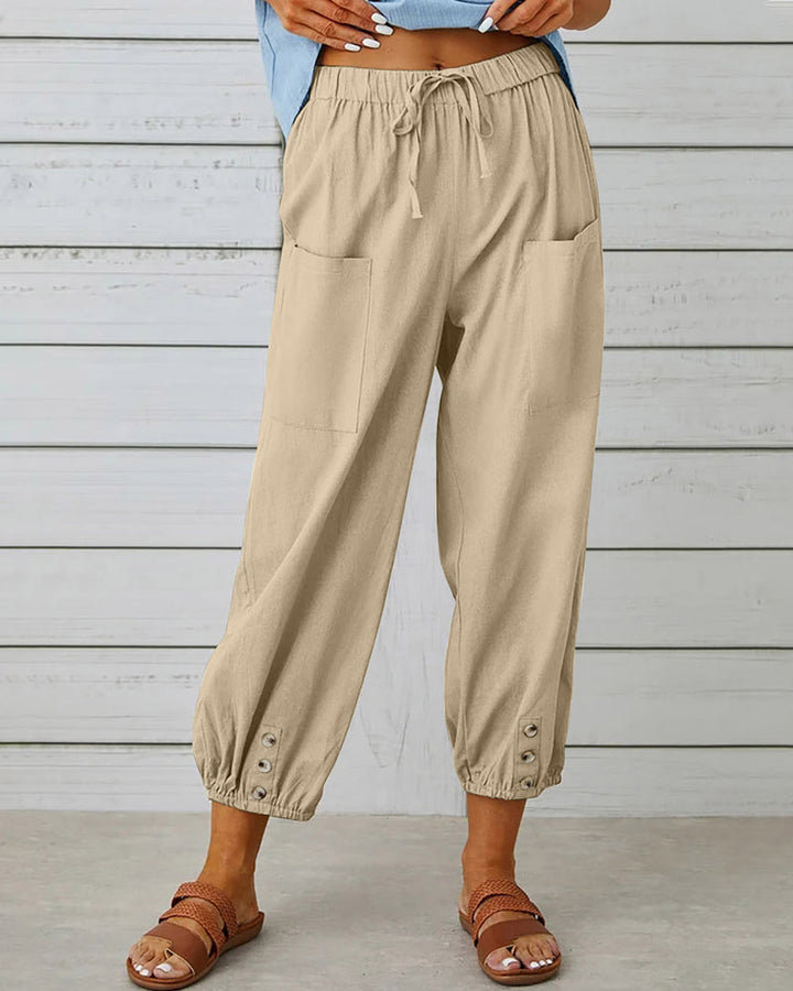 Damenhose | Hoch Tailliert | Locker | Einfarbig | Baumwolle | Leicht-Khaki-S-Luzern Mode