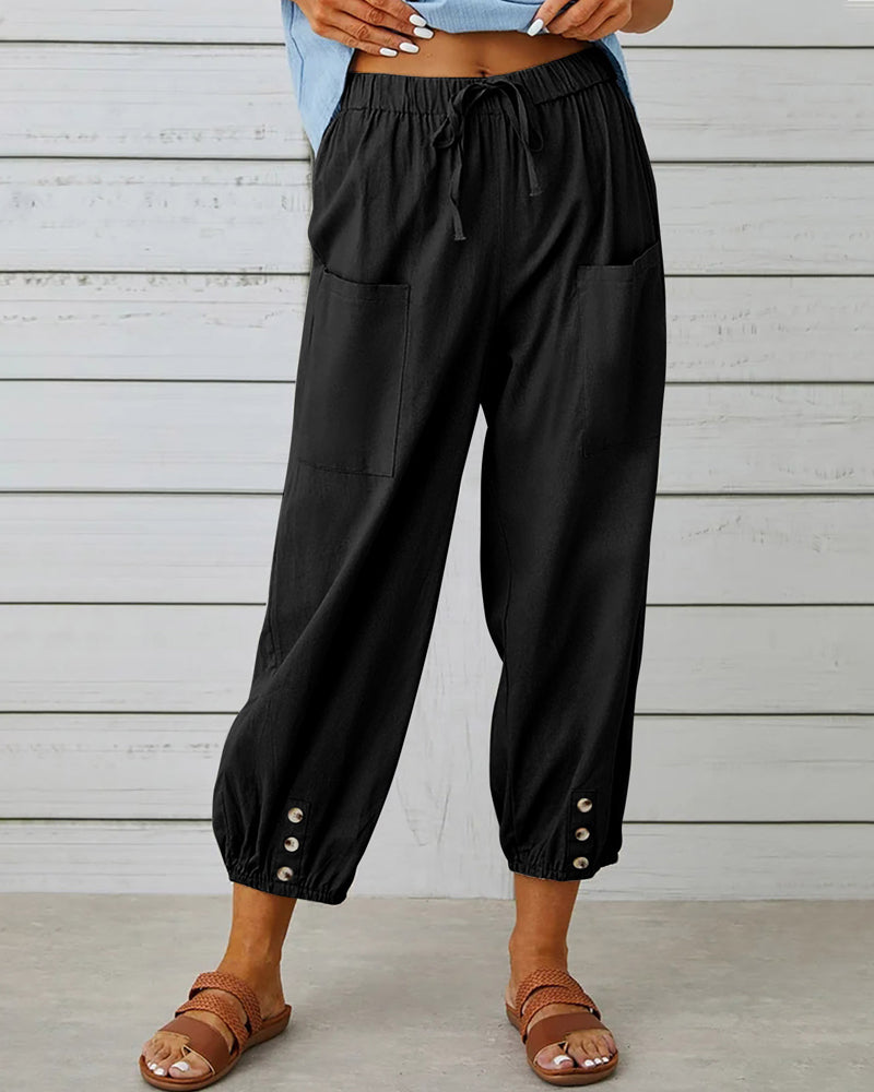 Damenhose | Hoch Tailliert | Locker | Einfarbig | Baumwolle | Leicht-Schwarz-S-Luzern Mode