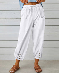 Damenhose | Hoch Tailliert | Locker | Einfarbig | Baumwolle | Leicht-Weiß-S-Luzern Mode