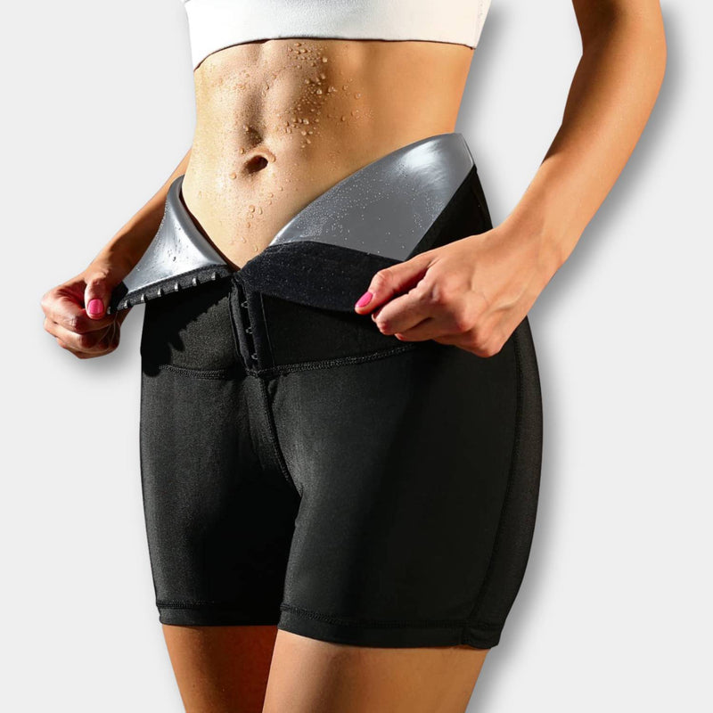 Damen Sauna Sweat Shorts - Hohe Taille, Figurformend-Schwarz/Silber-S-Luzern Mode