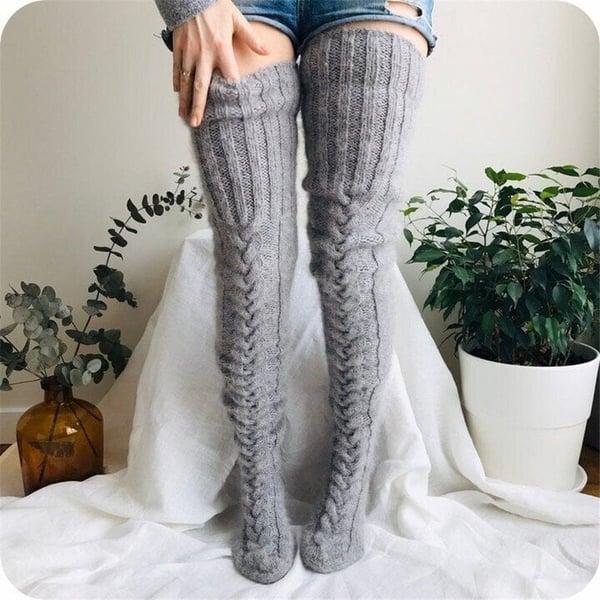 Damen Strick Overknee Socken - Warme Winter Kniestrümpfe-Grau-Luzern Mode