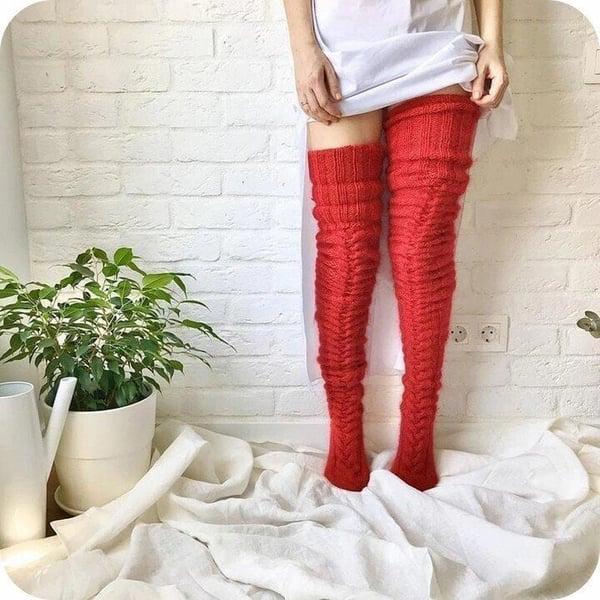 Damen Strick Overknee Socken - Warme Winter Kniestrümpfe-Rot-Luzern Mode