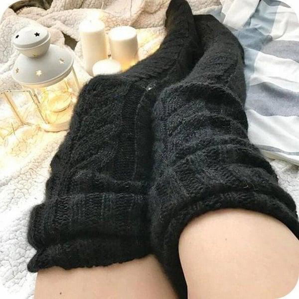 Damen Strick Overknee Socken - Warme Winter Kniestrümpfe-Schwarz-Luzern Mode