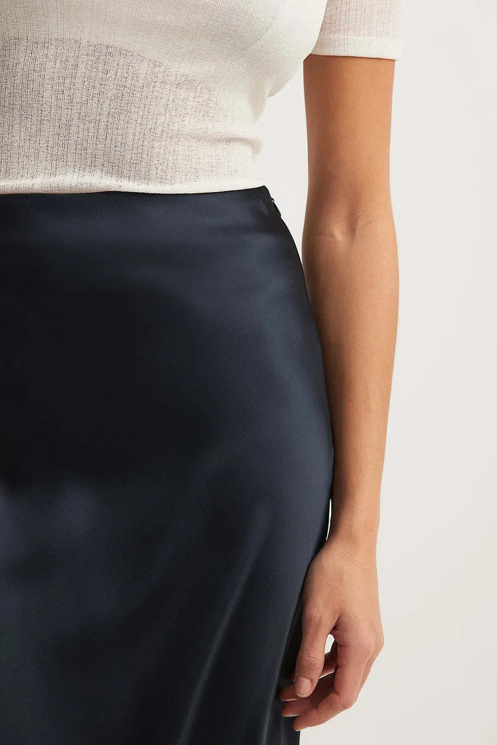 Satiniert Rock | Lang | Glänzend | Hohe Taille | Uni | Seitenreißverschluss-Luzern Mode
