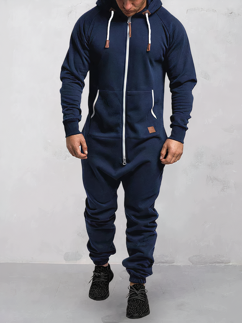 Herren Jumpsuit mit Kapuze und Reißverschluss bequem-Blau-S-Luzern Mode