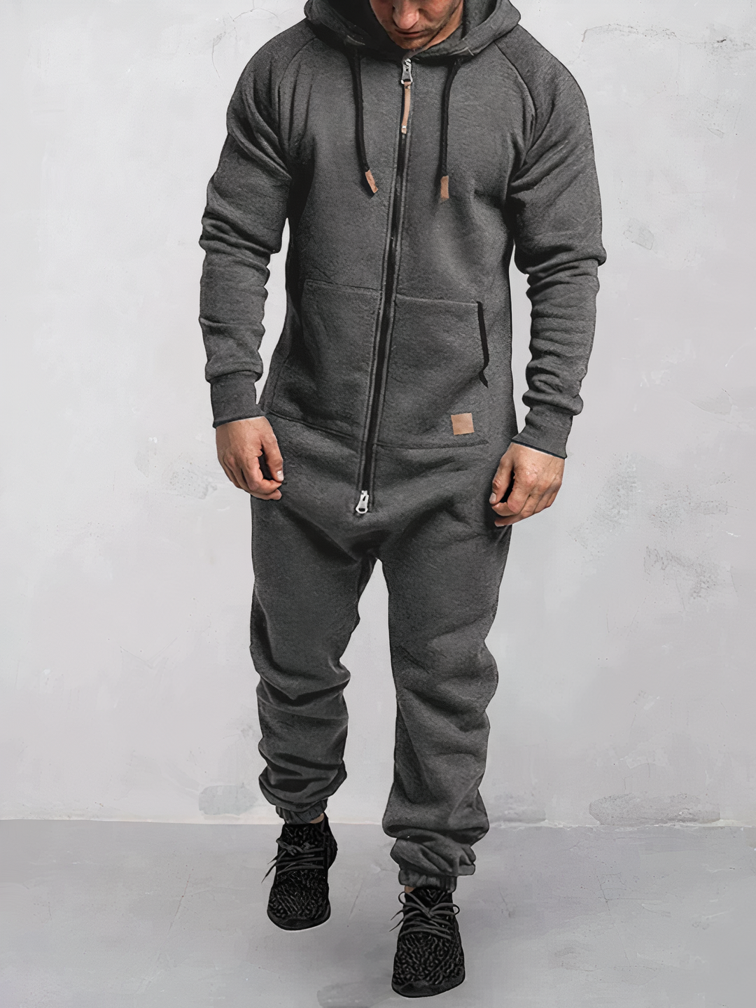 Herren Jumpsuit mit Kapuze und Reißverschluss bequem-Grau-S-Luzern Mode