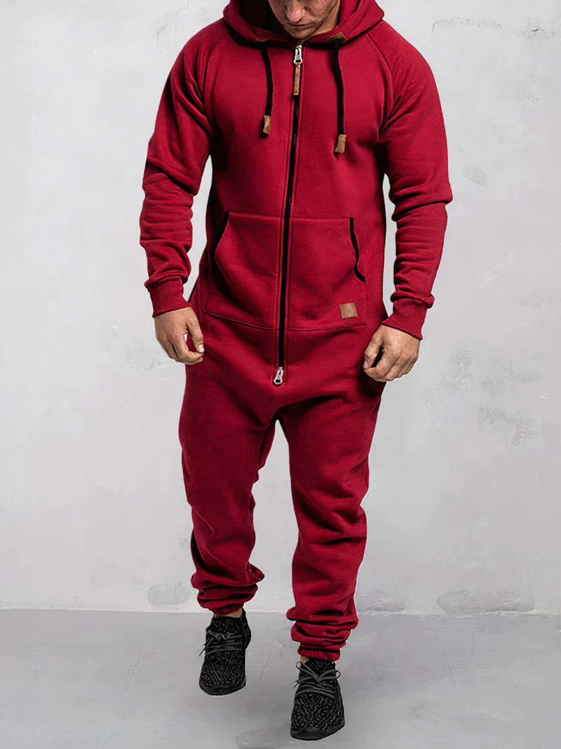 Herren Jumpsuit mit Kapuze und Reißverschluss bequem-Rot-S-Luzern Mode