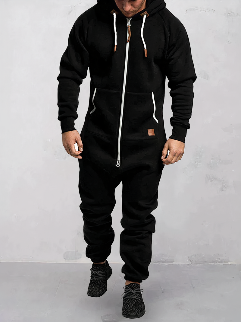 Herren Jumpsuit mit Kapuze und Reißverschluss bequem-Schwarz-S-Luzern Mode