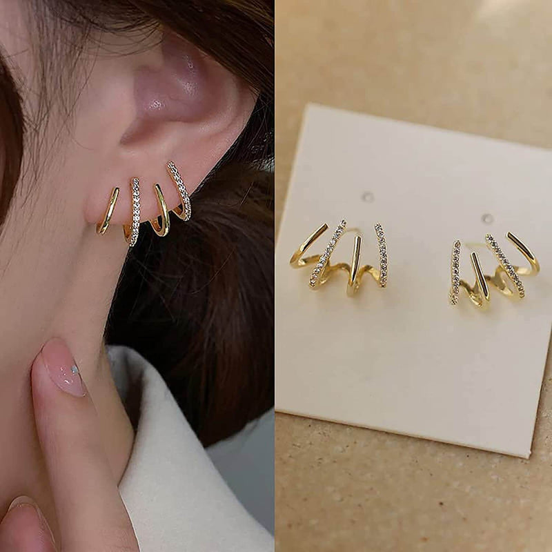 Illusie Ohrringe | Vier Ringe | Zirkonia | Silber | Vergoldet | Clip-Luzern Mode
