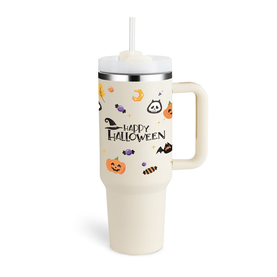 Reisebecher | 1200ML Isolierend Deckel Strohhalm Langlebig Vielseitig-Halloween Cremeweiß-1200 ML-Luzern Mode