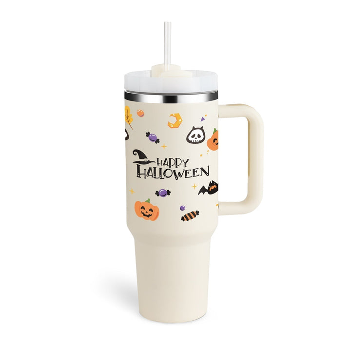 Reisebecher | 1200ML Isolierend Deckel Strohhalm Langlebig Vielseitig-Halloween Cremeweiß-1200 ML-Luzern Mode