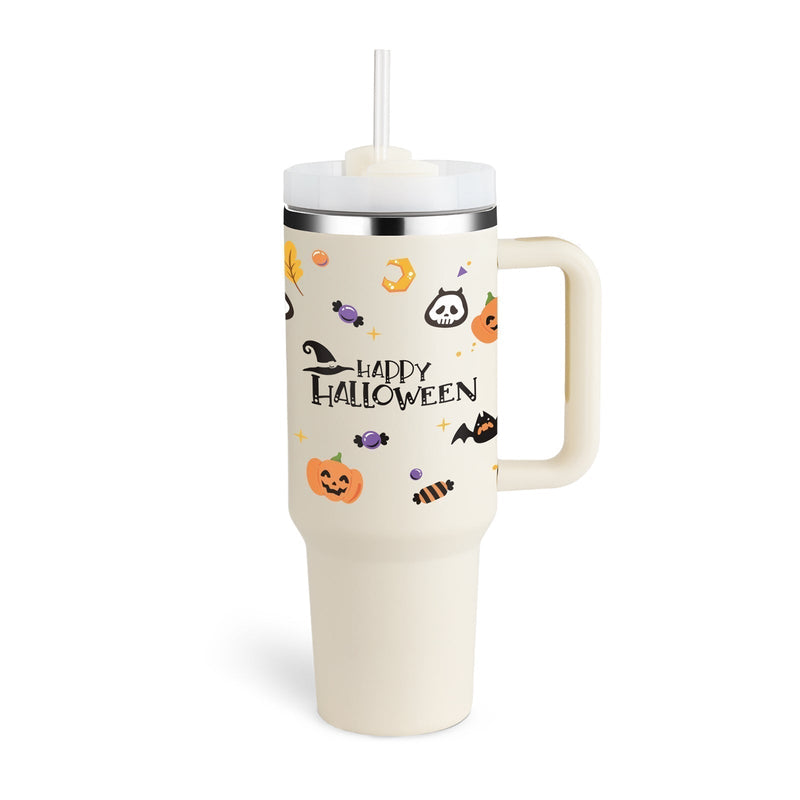 Reisebecher | 1200ML Isolierend Deckel Strohhalm Langlebig Vielseitig-Halloween Cremeweiß-1200 ML-Luzern Mode
