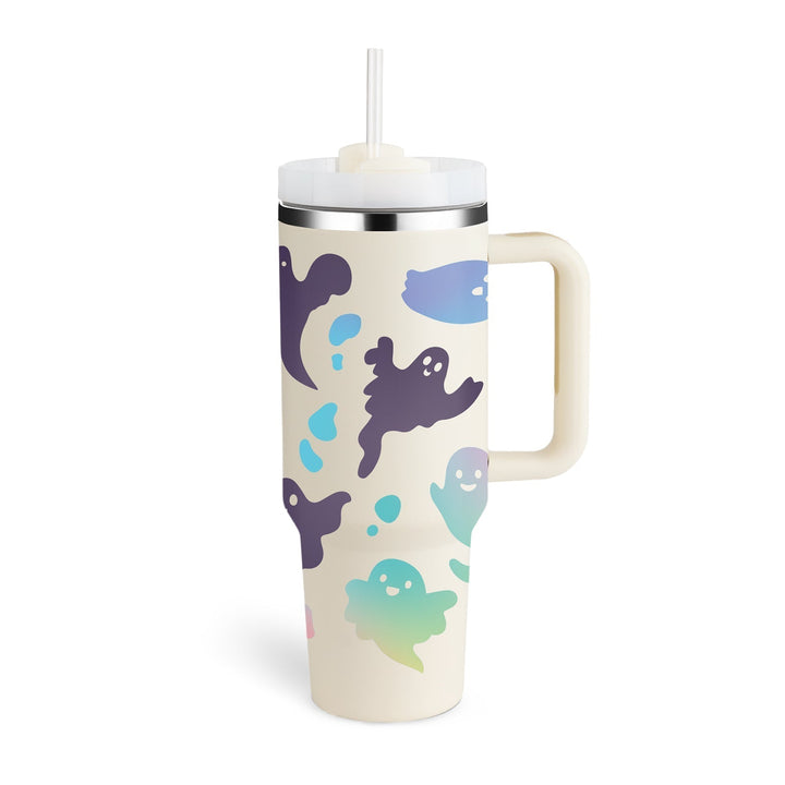 Reisebecher | 1200ML Isolierend Deckel Strohhalm Langlebig Vielseitig-Halloween Cremeweiß B-1200 ML-Luzern Mode