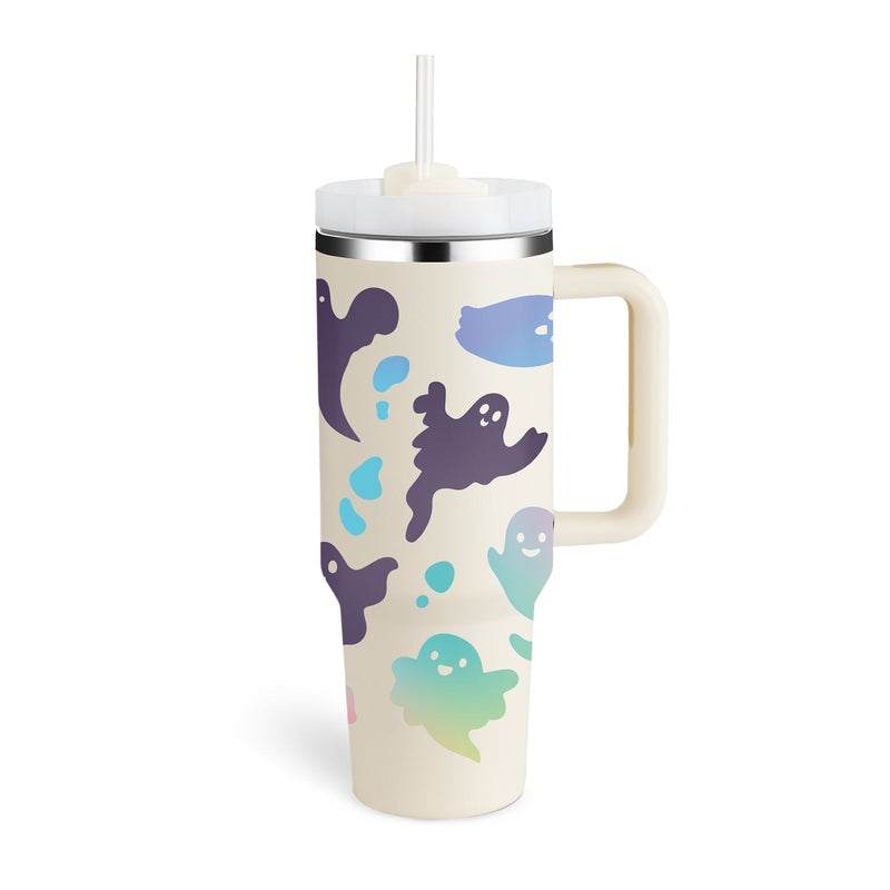 Reisebecher | 1200ML Isolierend Deckel Strohhalm Langlebig Vielseitig-Halloween Cremeweiß B-1200 ML-Luzern Mode