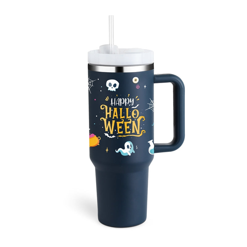 Reisebecher | 1200ML Isolierend Deckel Strohhalm Langlebig Vielseitig-Halloween Dunkelblau B-1200 ML-Luzern Mode