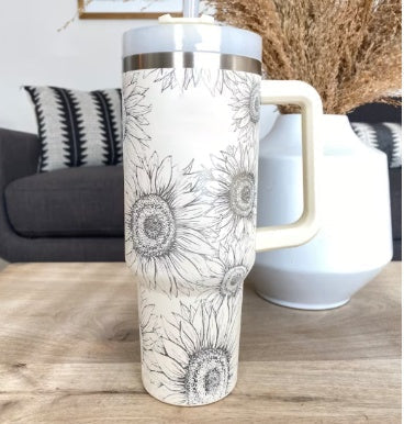 Reisebecher | 1200ML Isolierend Deckel Strohhalm Langlebig Vielseitig-Sonnenblume-1200 ML-Luzern Mode