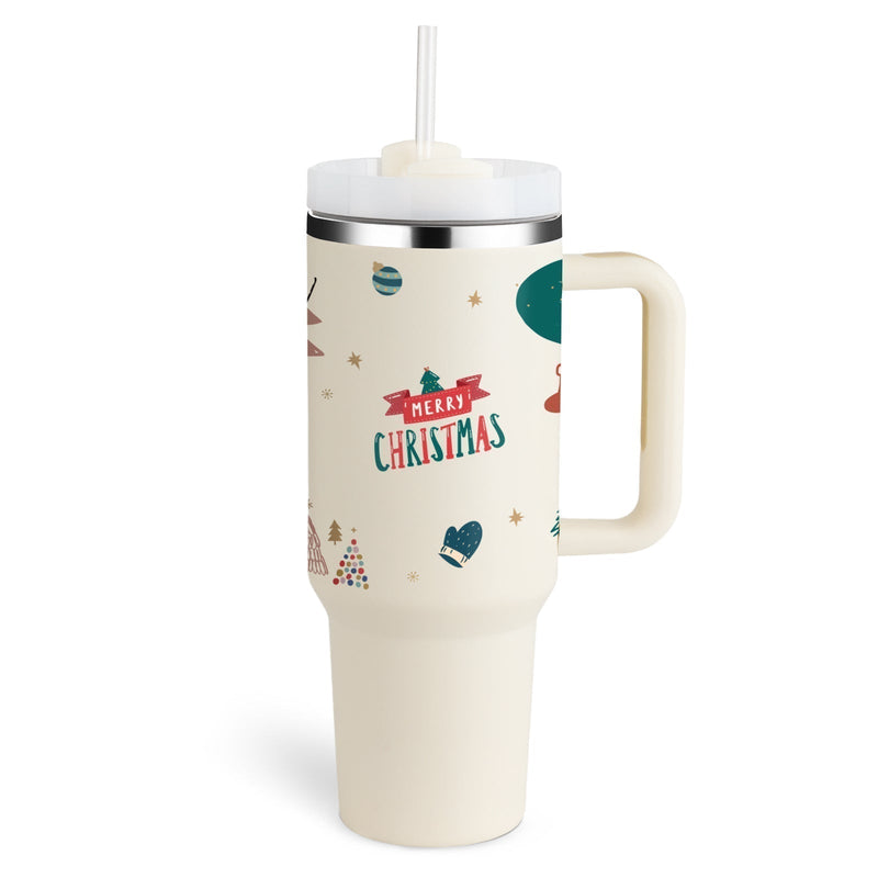 Reisebecher | 1200ML Isolierend Deckel Strohhalm Langlebig Vielseitig-Weihnachtsbeige-1200 ML-Luzern Mode