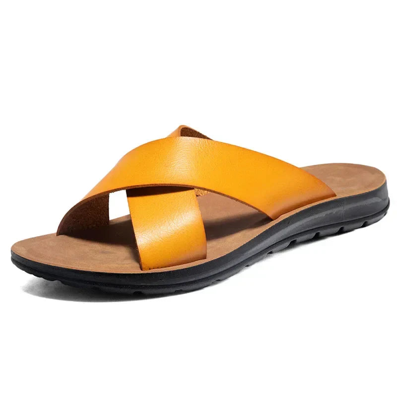 Italienische Herren Pantoletten | Echtes Leder | Einfarbig | Flexibel-Gelb-39-Luzern Mode