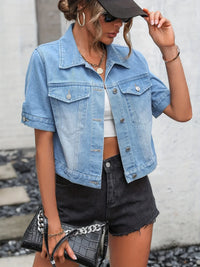 Damen Jeansjacke Kurzarm mit Knopfleiste und Taschen-XS-Hellblau-Luzern Mode