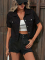 Damen Jeansjacke Kurzarm mit Knopfleiste und Taschen-XS-Schwarz-Luzern Mode