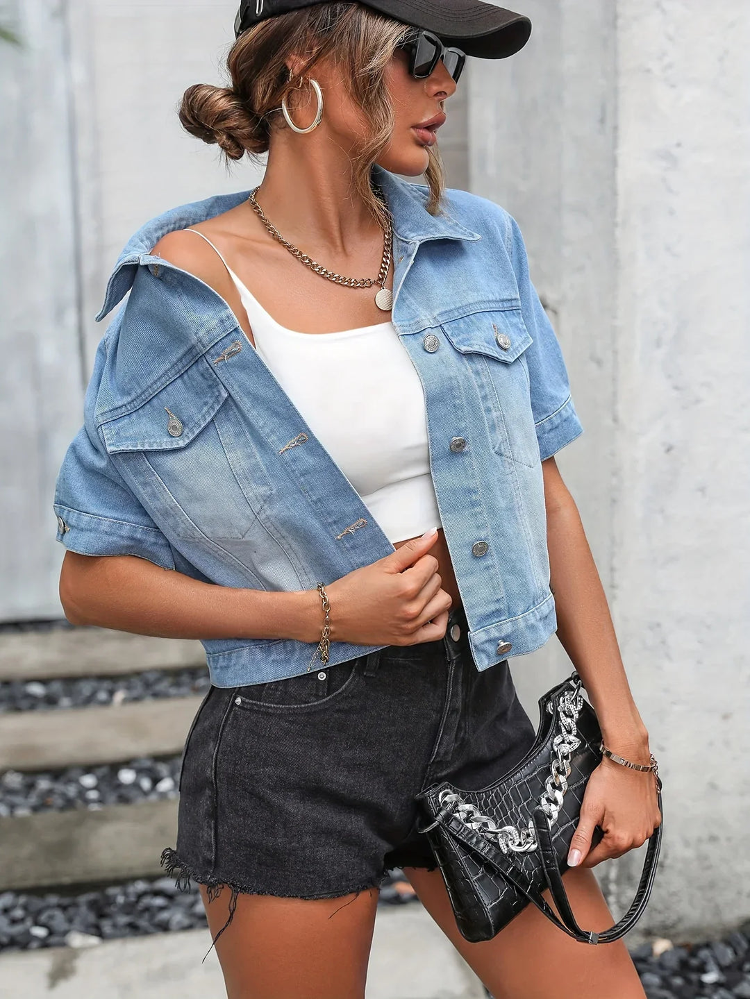 Damen Jeansjacke Kurzarm mit Knopfleiste und Taschen-Luzern Mode