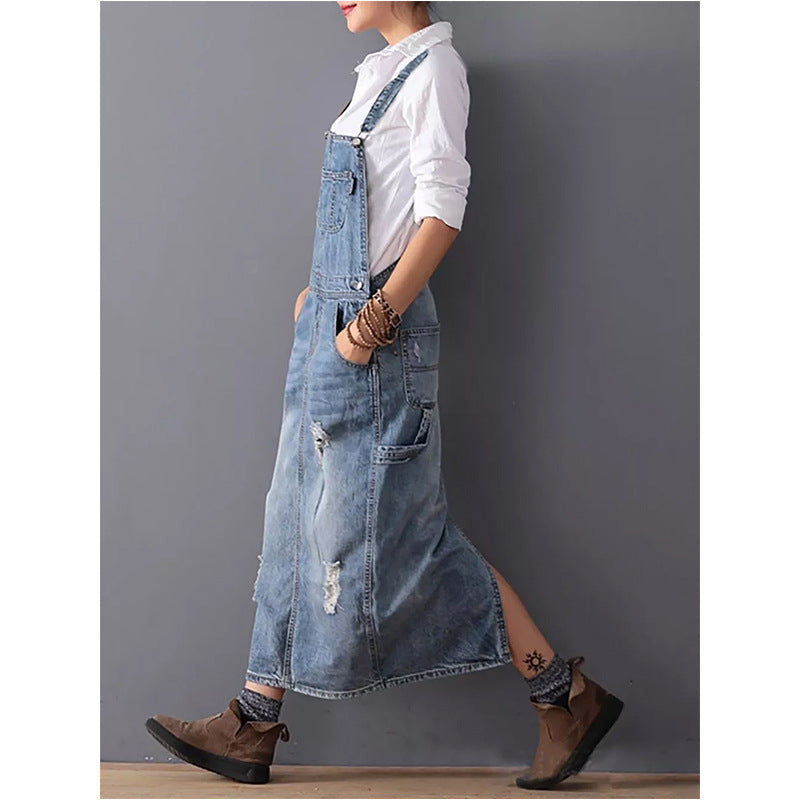Damen Latzkleid aus Denim mit Taschen und Schlitz-Design-Luzern Mode