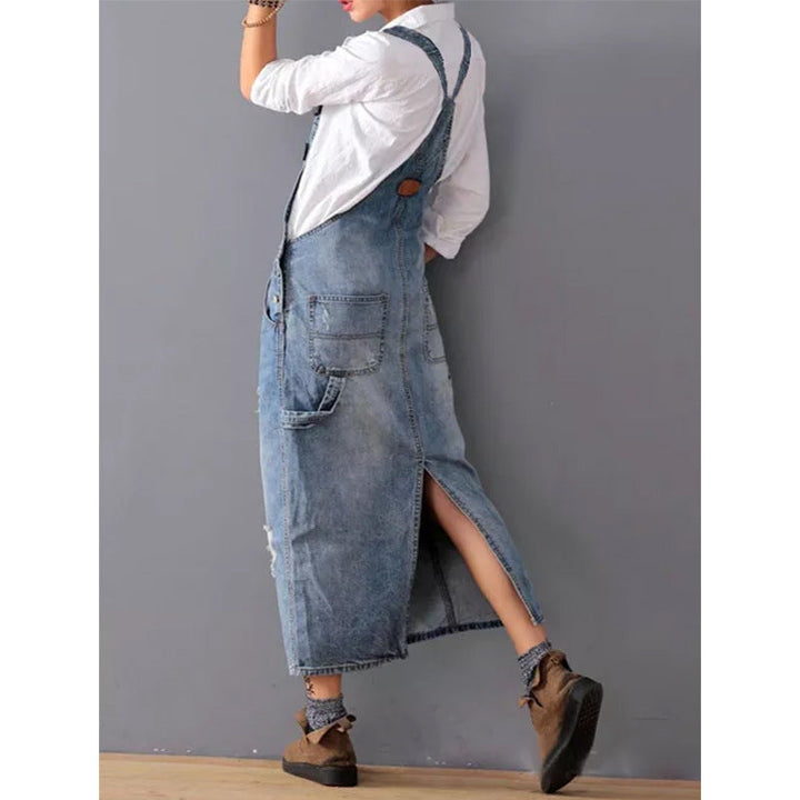 Damen Latzkleid aus Denim mit Taschen und Schlitz-Design-Luzern Mode