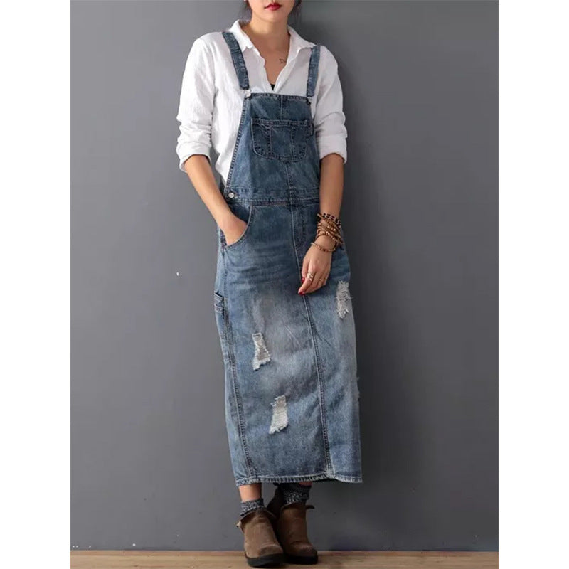 Damen Latzkleid aus Denim mit Taschen und Schlitz-Design-S-Luzern Mode
