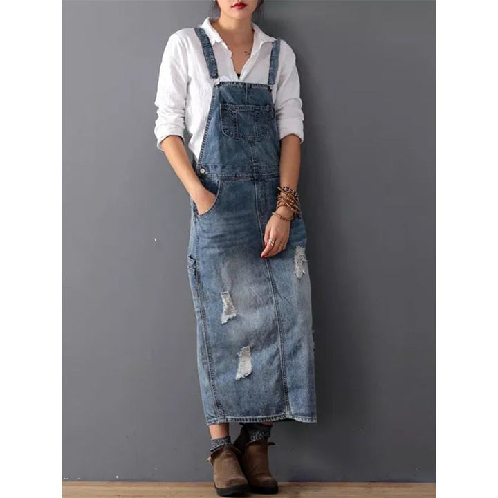 Damen Latzkleid aus Denim mit Taschen und Schlitz-Design-S-Luzern Mode
