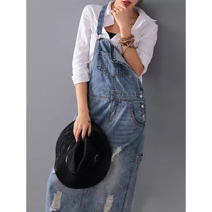 Damen Latzkleid aus Denim mit Taschen und Schlitz-Design-Luzern Mode