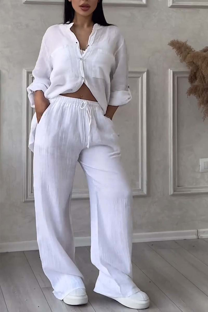 Trendiges Damen Leinen-Zweiteiler Set mit Bluse & weiter Hose – Lina