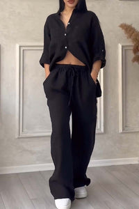 Trendiges Damen Leinen-Zweiteiler Set mit Bluse & weiter Hose – Lina