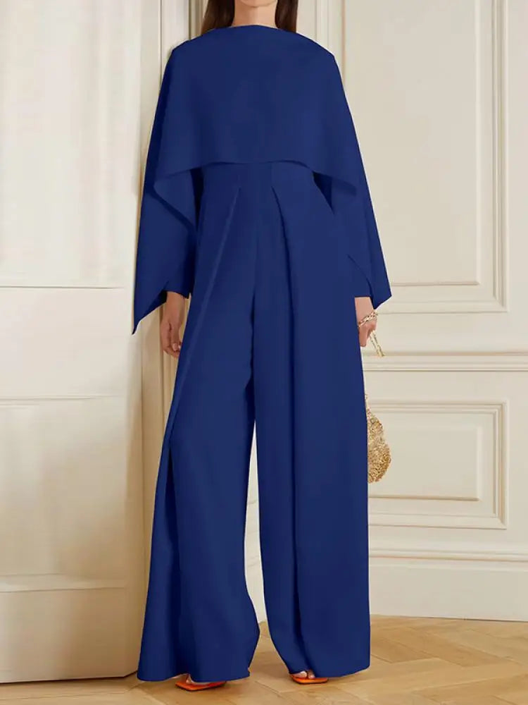 Damen Eleganter Jumpsuit mit Weitem Bein und Cape-Design-Dunkelblau-S-Luzern Mode