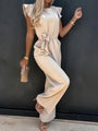 Damen Sommer Jumpsuit | Reißverschluss | Gürtel | Kurze Ärmel | Einfarbig-Beige-S-Luzern Mode