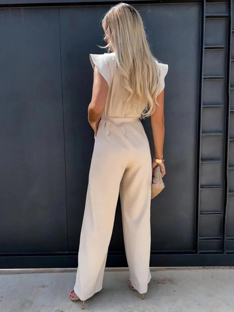 Einfache Damen-Jumpsuit | Kurze Puffärmel | Lange Hosenbeine | Gürtel-Luzern Mode