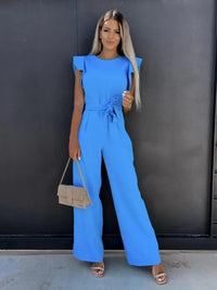 Einfache Damen-Jumpsuit | Kurze Puffärmel | Lange Hosenbeine | Gürtel-Luzern Mode