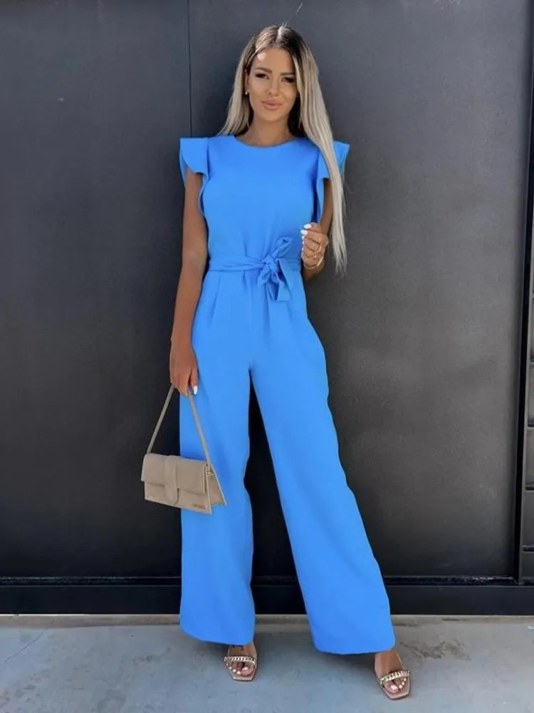 Einfache Damen-Jumpsuit | Kurze Puffärmel | Lange Hosenbeine | Gürtel-Luzern Mode