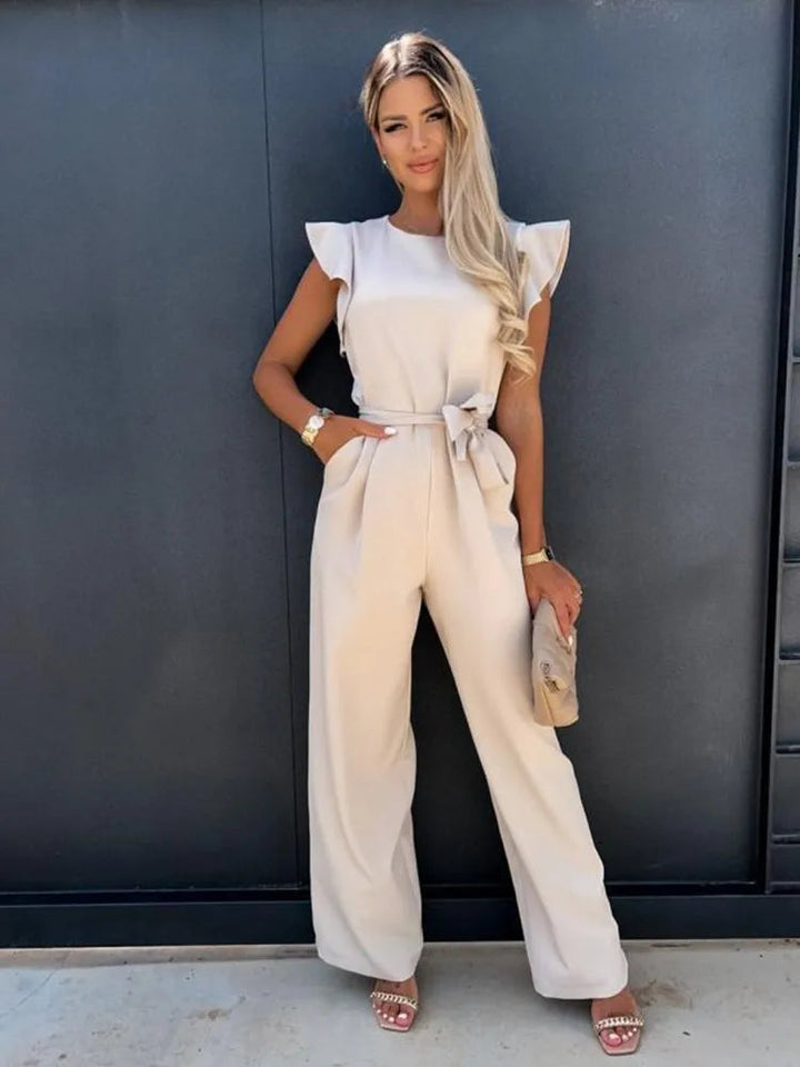 Einfache Damen-Jumpsuit | Kurze Puffärmel | Lange Hosenbeine | Gürtel-Beige-S-Luzern Mode